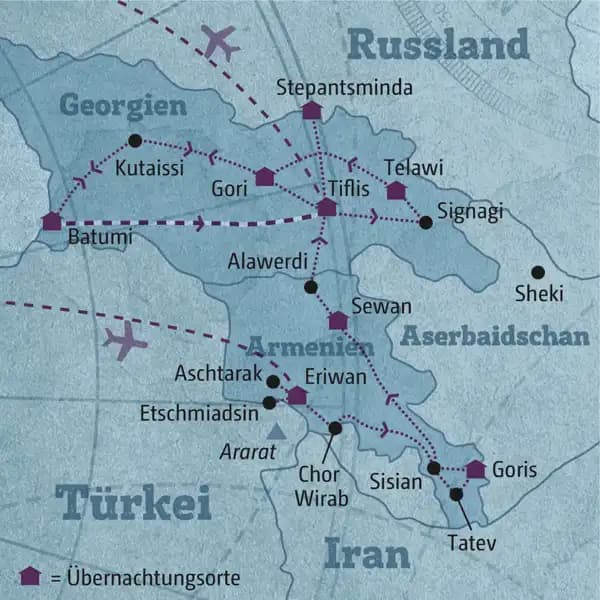 Reisekarte für die individuelle Marco Polo Rundreise Armenien - Georgien.