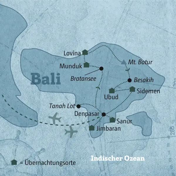 Ihre Reiseroute durch Bali führt Sie zu den wichtigsten Tempeln wie Pura Besakih und Tanah Lot, zu den malerischen Reisterrassen und den traumhaften Stränden.