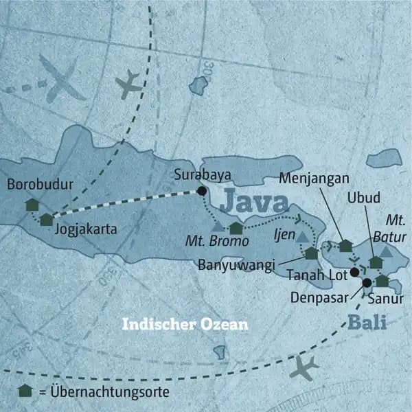 Ihre Reiseroute durch Java und Bali führt Sie zu rauchenden Vulkanen, traumhaften Stränden und malerischen Reiseterrassen. Zu den Highlights zählen die Tempelanlage in Borobudur, Trekking am Mount Bromo, der Meerestempel Tanah Lot und eine Tanzstunde in balinesischem Tanz.