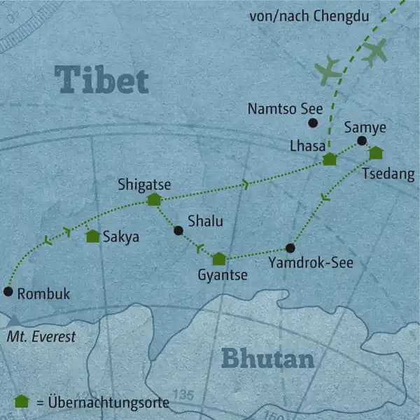 Reisekarte der Marco Polo Individuell Reise 5580 Tibet.