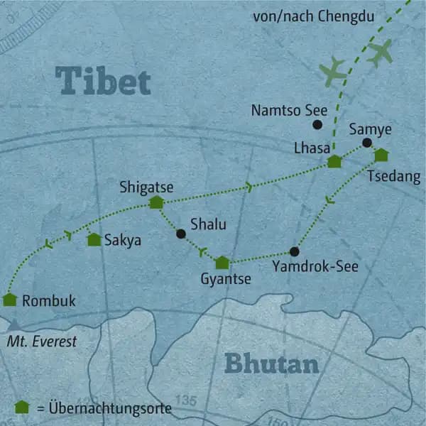 Reisekarte der Marco Polo Individuell Reise 5580 Tibet.