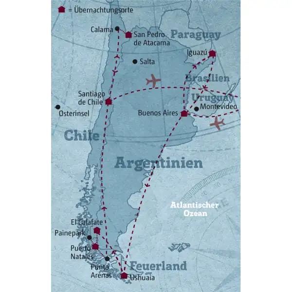 Diese individuelle Rundreise durch Argentinien und Chile  führt Sie in die Metropolen Santiago de Chile und Buenos Aires, in die weite Landschaft Patagoniens, zu vereisten Andengipfeln und Gletschern, in die trockenste Wüste der Welt - die Atacama - und zu den beeindruckenden Wasserfällen von Iguazú.