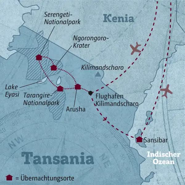 Ihre individuelle Reiseroute durch Tansania startet in Arusha und führt über den Tarangire-Nationalpark, in die Serengeti und den Ngorongoro-Krater bis nach Sansibar.