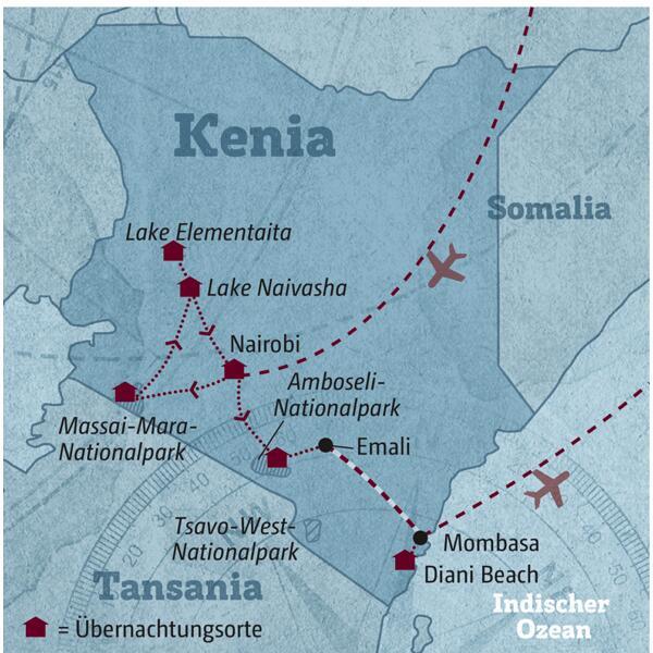 Ihre Reiseroute durch Kenia startet in Nairobi und führt über die Massai Mara, das Great Rift Valley und den Amboseli-Nationalpark zum Diani Beach.