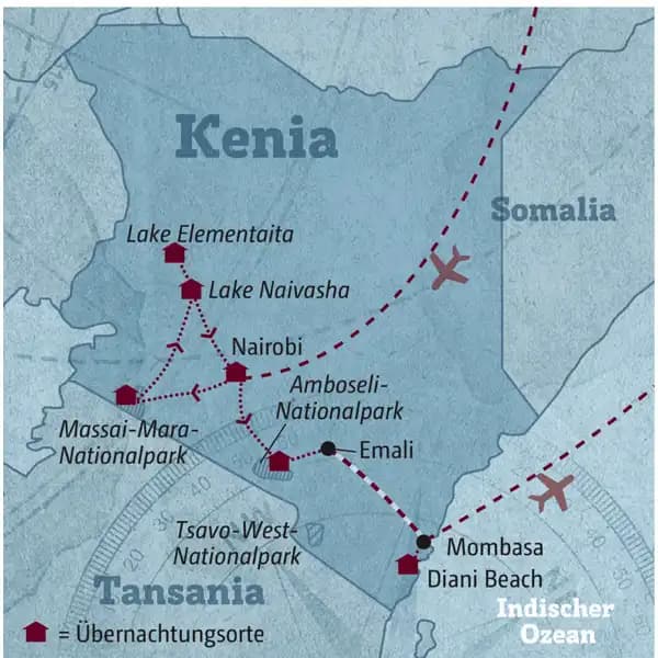 Ihre Reiseroute durch Kenia startet in Nairobi und führt über die Massai Mara, das Great Rift Valley und den Amboseli-Nationalpark zum Diani Beach.