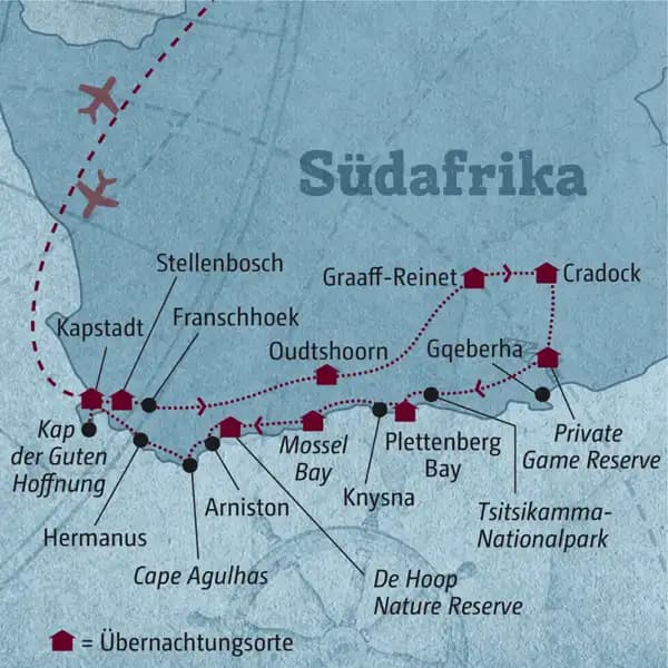 Die Reiseroute Ihrer individuellen Mietwagen-Rundreise führt Sie von der Weinregion über Oudtshoorn, die Karoo, ein Private Game Reserve, Plettenberg Bay und das De Hoop Nature Reserve nach Kapstadt.