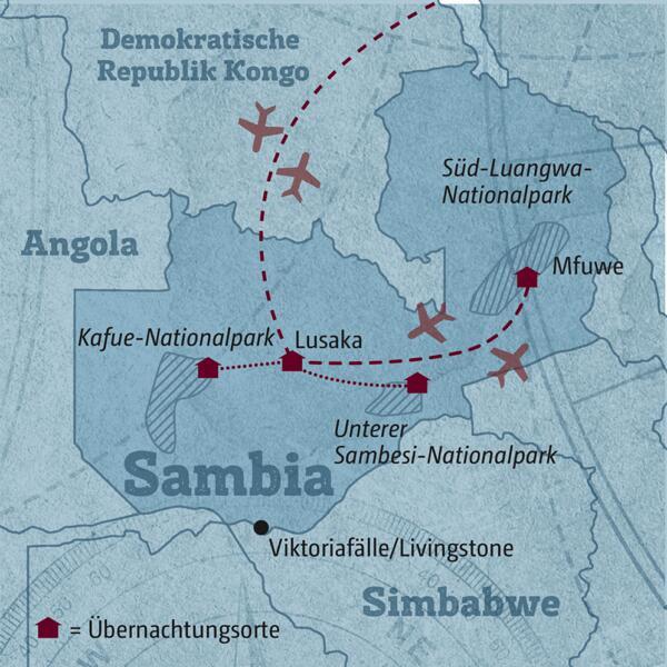 Auf dieser Reise durch Sambia erkunden Sie die schönsten Nationalparks. Von Lusaka führt die Route in den Kafue-Nationalpark, in den Unteren-Sambesi-Nationalpark und als Highlight in den Süd-Luangwa-Nationalpark.