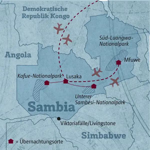 Auf dieser Reise durch Sambia erkunden Sie die schönsten Nationalparks. Von Lusaka führt die Route in den Kafue-Nationalpark, in den Unteren-Sambesi-Nationalpark und als Highlight in den Süd-Luangwa-Nationalpark.