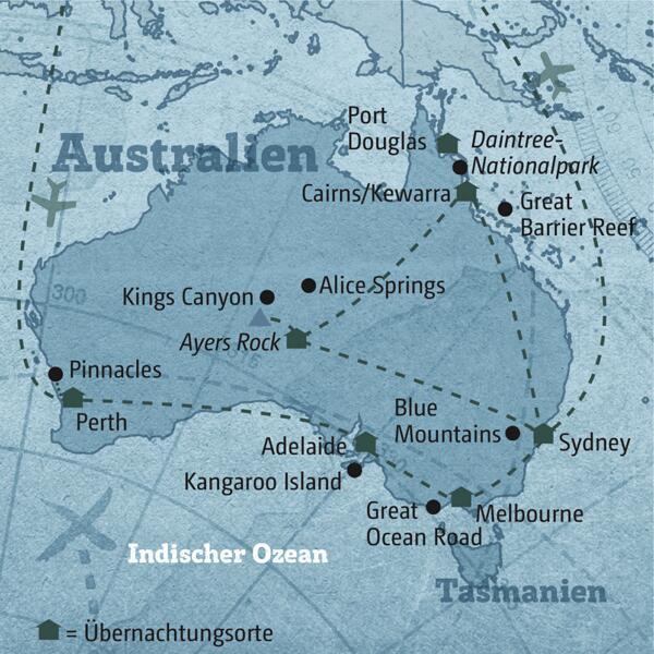 Diese Reisekarte zeigt den Verlauf der individuellen Marco Polo Reise Australien: Perth, Adelaide, Melbourne, Sydney, Ayers Rock, Cairns.