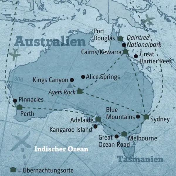 Diese Reisekarte zeigt den Verlauf der individuellen Marco Polo Reise Australien: Perth, Adelaide, Melbourne, Sydney, Ayers Rock, Cairns.
