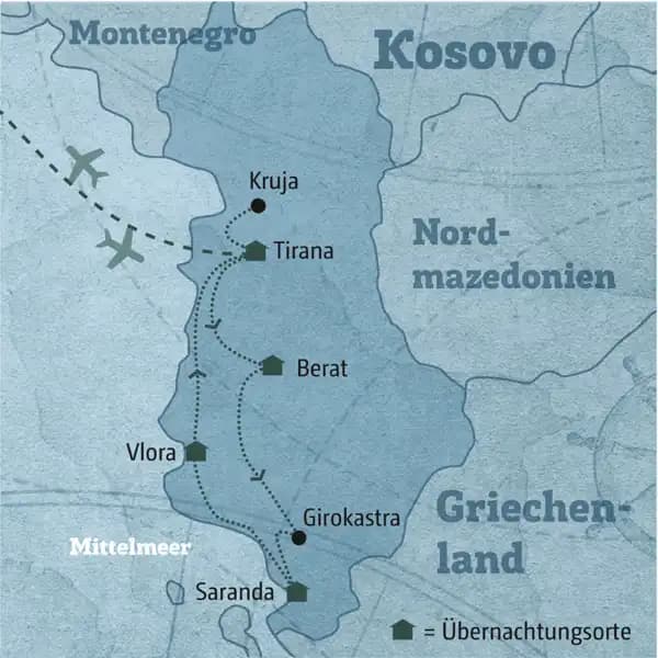 Die Route dieser privaten Reise nach Albanien führt von Tirana über Berat und Gjirokastra in den Süden nach Saranda. Von dort geht es an der Küste entlang über Vlora zurück nach Tirana.