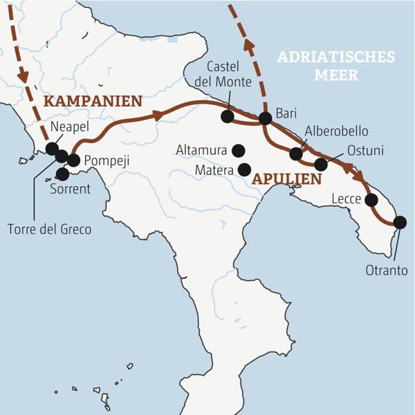 Reisekarte der Marco Polo Entdeckerreise Apulien.
