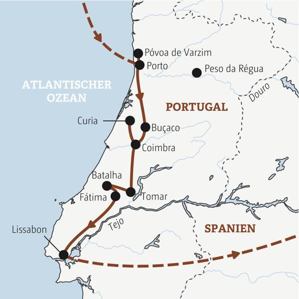 Reiseverlauf der Portugal Entdeckerreise - von Porto nach Lissabon.