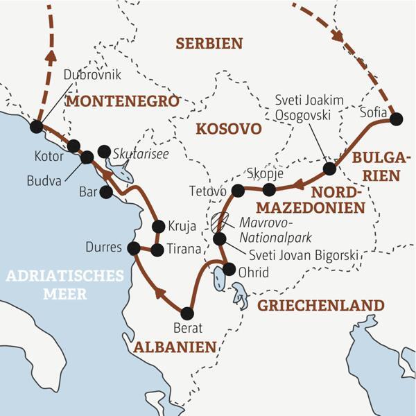 Reiseverlauf der Bulgarien, Nordmazedonien, Albanien und Montenegro Marco Polo Entdeckerreise.