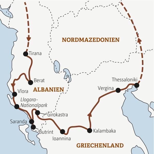 Reiseverlauf der Albanien-Griechenland Entdeckerreise.