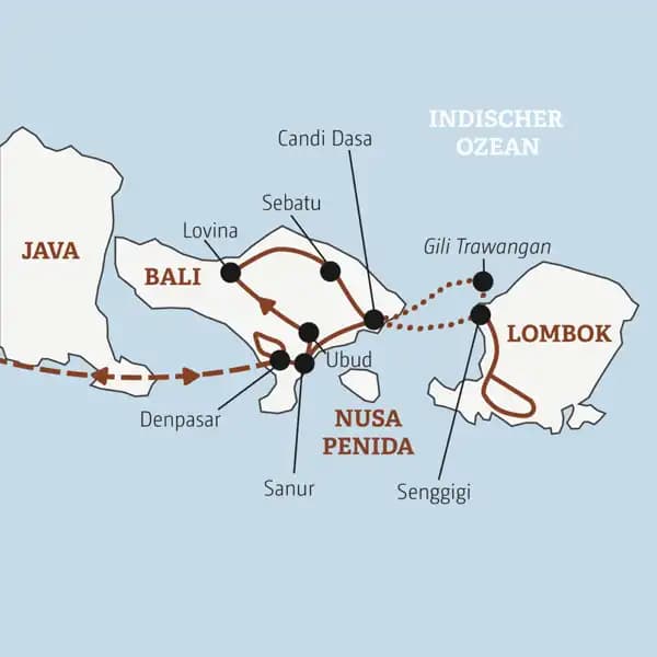 Die Rundreise mit YOUNG LINE durch Indonesien führt dich über Bali mit Sanur, Lovina, Candi Dasa und Ubud nach Lombok und auf Gili Trawangan.