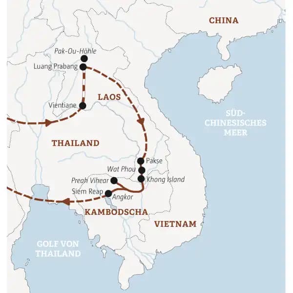 Die Rundreise in der Mini-Gruppe fürht Sie von Luang Prabang über Khong Island nach Siem Reap.