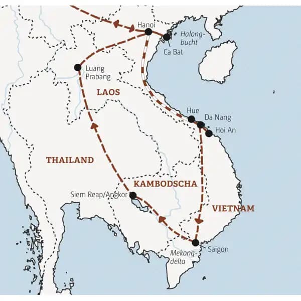 Entdecken Sie Vietnam, Kambodscha und Laos in 18 Tagen: die Höhepunkte Hanoi, Saigon, Hoi An, die Dschungeltempel von Angkor und die Tempelstadt Luang Prabang.
