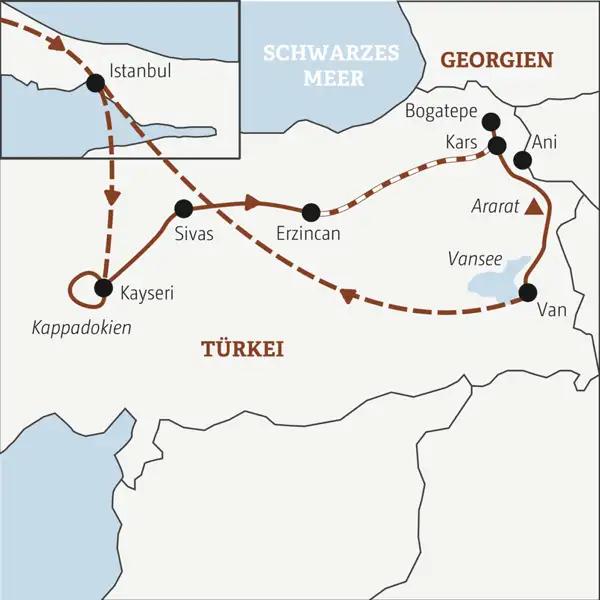 Die Rundreise mit YOUNG LINE TRAVEL durch die Türkei führt dich von Istanbul über Kappaddokien, Sivas, Erzincan und Kars bis zum Van-See im Osten des Landes.