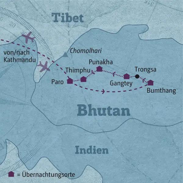 Unsere Reiseroute durch Bhutan führt Sie zunächst nach Bumthang von wo aus Sie dann über Land zurück nach Paro fahren.