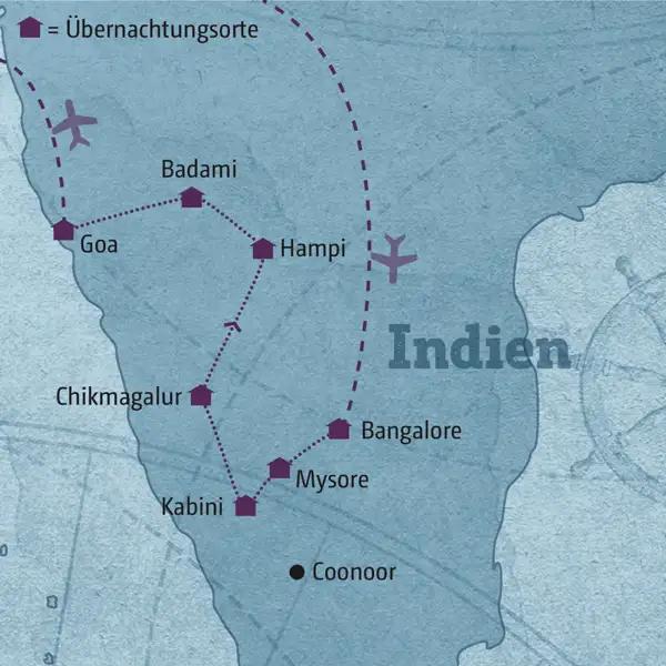 Auf Ihrer individuellen Reise durch Zentralindien besuchen Sie u.a. die Königsstadt Mysore, die Nationalparks am Kabini River, Keefeeanbaugebiete bei Chikmagalur, die ehemelige Königsstadt Hampi sowie die Höhlentempel von Badami. Den Abschluss bildet ein Aufenthalt an den Stränden Goas.