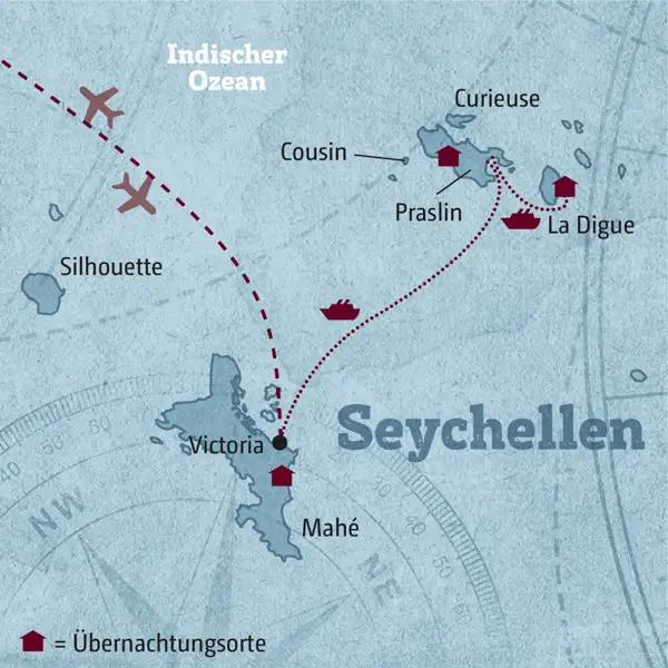 Hier sehen Sie die Route des Island-Hopping-Programmes auf den Seychellen.