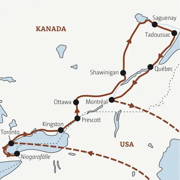 Reiseverlauf der Marco Polo Reise durch Ostkanada.