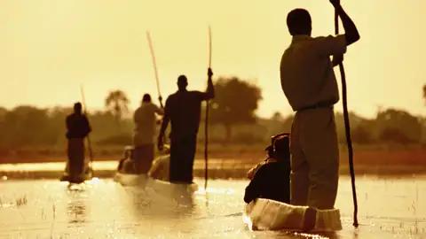 Die Wasserwelten des Okavango lassen sich gut  mit dem Boot erkunden, modern oder traditionell wie hier mit dem Mokoro.