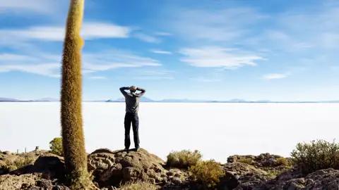 Ausflug in die unendlich scheinende Salzwelt des Salar de Uyuni: Eine Fata Morgana in der Ferne? Nein, es sind tatsächlich Kakteen auf den Felsen der Isla Pescado - eine kleine Oase in der lebensfeindlichen Umgebung. Zugleich der beste Ort für Fotoshootings.