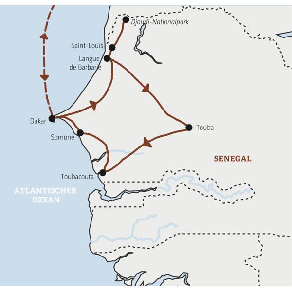 Unsere Marco Polo Mini-Gruppen-Reise Senegal verläuft von Dakar über Langue de Barbarie bis nach Saint-Louis und in den Djoudi-Nationalpark. Weiter nach Touba und Toubacouta. Am Ende kommen wir nach Somone an der Küste.
