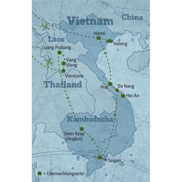 Reisekarte der Marco Polo Individuell Rundreise 5283 Vietnam –Kambodscha - Laos