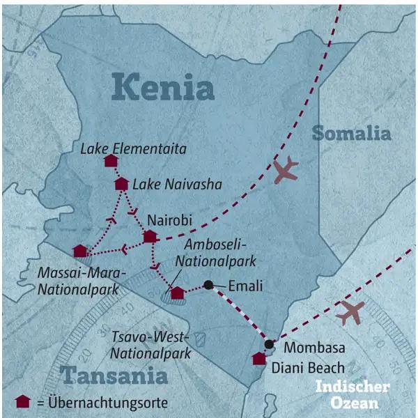 Ihre Reiseroute durch Kenia startet in Nairobi und führt über die Massai Mara, das Great Rift Valley und den Amboseli-Nationalpark zum Diani Beach.