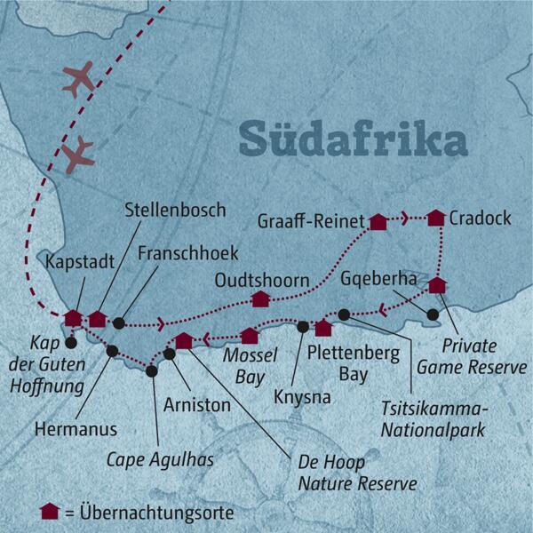 Die Reiseroute Ihrer individuellen Mietwagen-Rundreise führt Sie von der Weinregion über Oudtshoorn, die Karoo, ein Private Game Reserve, Plettenberg Bay und das De Hoop Nature Reserve nach Kapstadt.