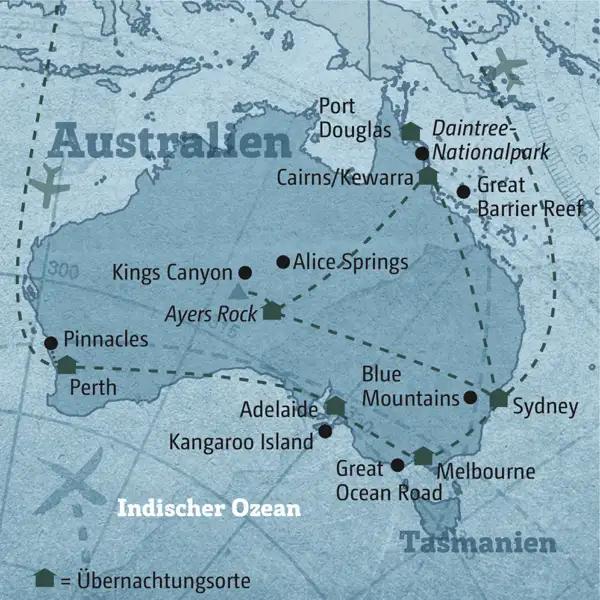 Diese Reisekarte zeigt den Verlauf der individuellen Marco Polo Reise Australien: Perth, Adelaide, Melbourne, Sydney, Ayers Rock, Cairns.