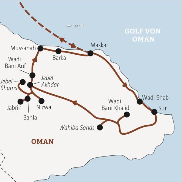 Reiseverlauf der Oman Marco Polo Entdeckerreise.