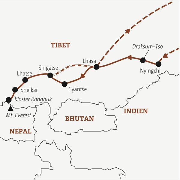 Diese Rundreise mit YOUNG LINE durch Tibet führt dich von Nyingchi über Lhasa, Gyantse, Shigatse und Lhatse bis zum Kloster Rombuk am Fuß des Mt. Everest.