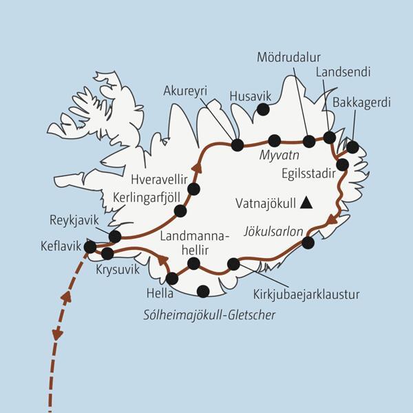 Die Rundreise mit YOUNG LINE über Island führt dich von Reykjavik nach Akureyri, Myvatn, Egilsstadir, Landmannahellir, nach Hella und Keflavik.