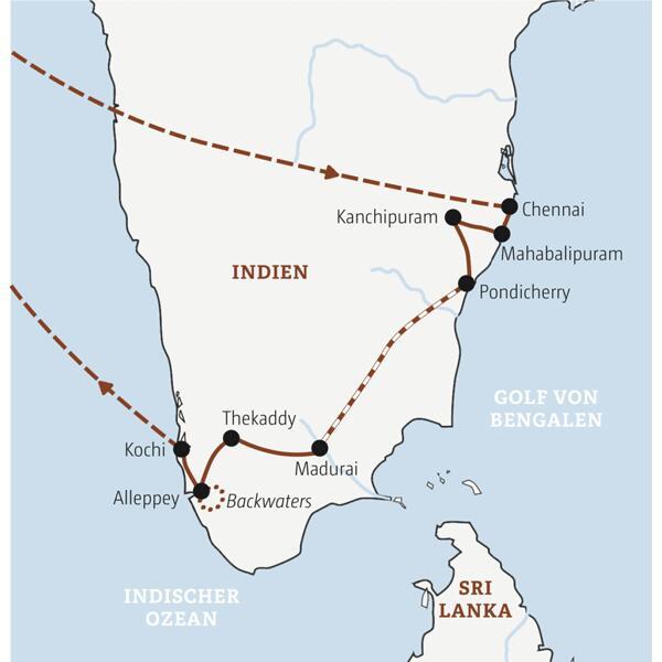 Die Karte zeigt den Verlauf unserer Entdeckerreise in der Mini-Gruppe nach Südindien: Chennai, Mahabalipuram, Kanchipuram, Madurai, Thekkady, Alleppey, Kochi.