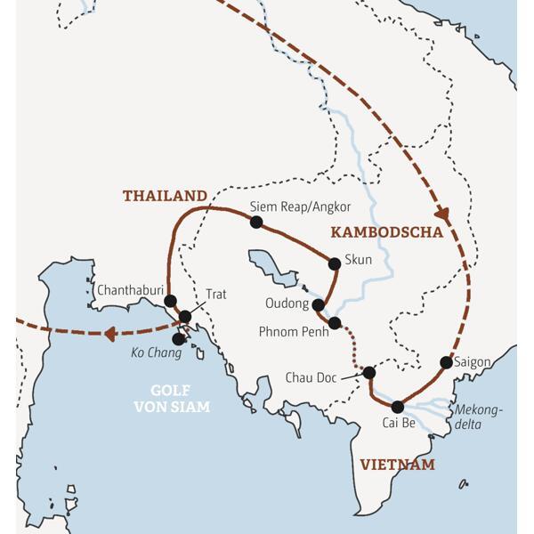 Die Rundreise in der Mini-Gruppe führt Sie von Saigon über das Mekongdelta nach Kambodscha mit Phnom Penh und Sieam Reap. Auf dem Landweg reisen Sie nach Thailand und genießen noch entspannte Tage auf der Insel Ko Chang.