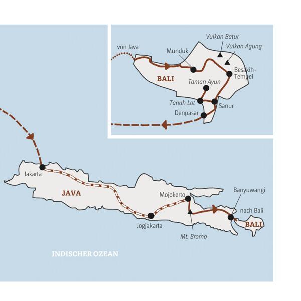 Diese Reise in der Minigruppe mit Marco Polo führt Sie von Jakarta über Jogjakarta an den Mt. Bromo und weiter auf dem Landweg nach Bali
