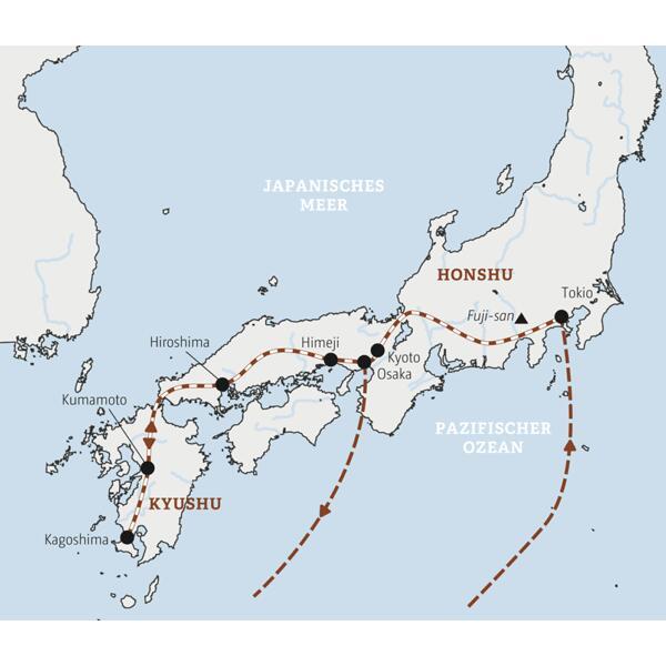 Die Route dieser Marco Polo Reise durch Japan führt von der Hauptstadt Tokio durch die Japanischen Alpen nach Kyoto, weiter über Himeji nach Hiroshima und Nagasaki.
