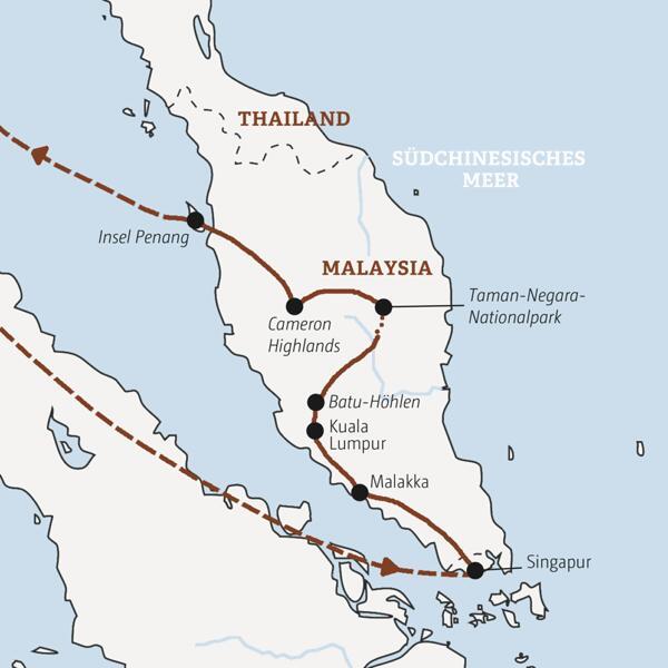 Ihre Rundreise mit Marco Polo führt Sie von Singapur nach Malakka, Kuala Lumpur, in den Taman-Negara-Nationalpark, die Cameron Highlands und auf die Insel Penang.