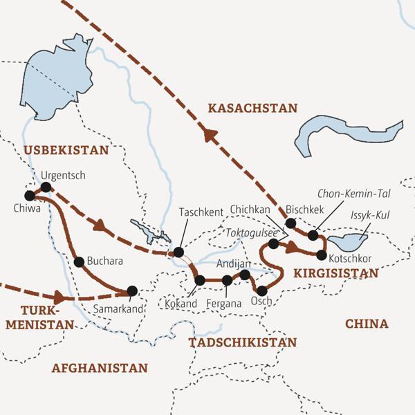 Routenverlauf der Entdeckerreise Usbekistan - Kirgisistan: Samarkand, Buchara, Chiwa, Urgentsch, Taschkent, Kokand, Fergana, Osch, Toktogulsee, Kochkor, Bischkek.