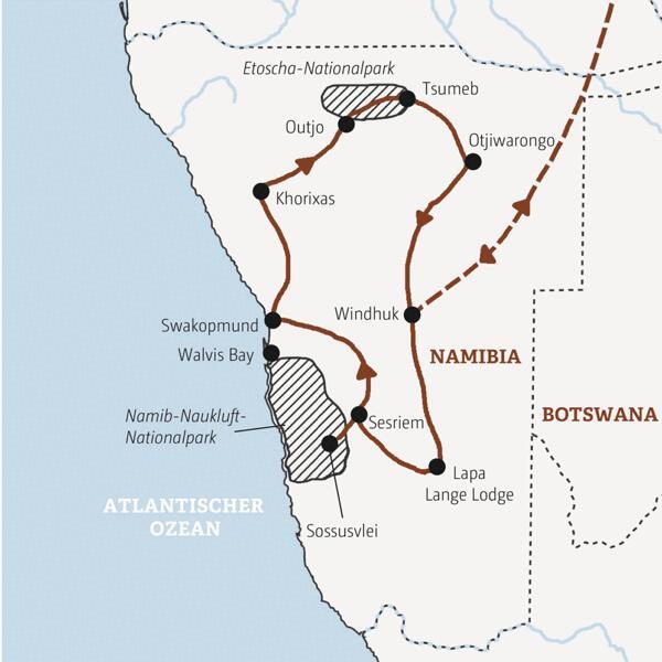 Ihre Rundreise mit Marco Polo durch Namibia führt Sie von Windhuk über das Sossusvlei, Swakopmund und Twyfelfontein zum Etoschapark und von dort zurück in die Hauptstadt.