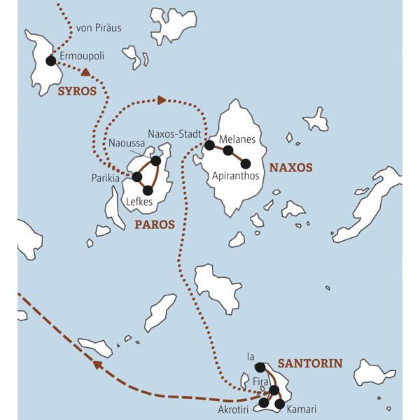 Die Stationen dieser Marco Polo Mini-Gruppen-Reise auf die Kykladen sind Paros, Naxos, Syros und Santorin.
