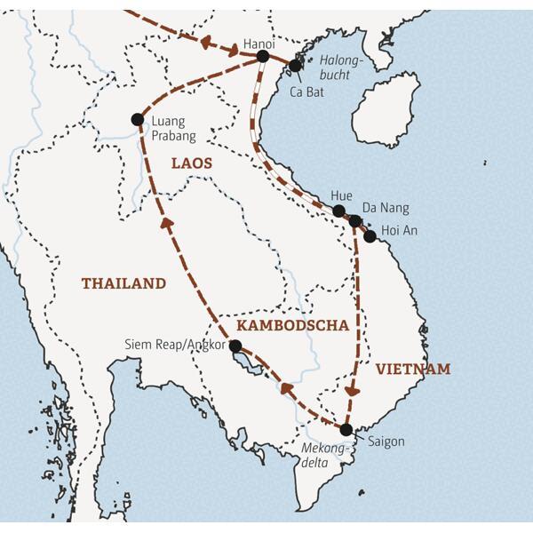 Entdecken Sie Vietnam, Kambodscha und Laos in 18 Tagen: die Höhepunkte Hanoi, Saigon, Hoi An, die Dschungeltempel von Angkor und die Tempelstadt Luang Prabang.