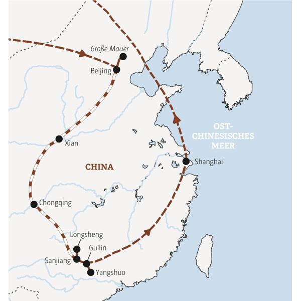 Bei unserer Reise in der kleinen Gruppe in China kommen wir unter anderem zu folgenden Orten: Beijing, Große Mauer, Xian, Chongqing, Sanjiang, Guilin, Yangshuo, Shanghai