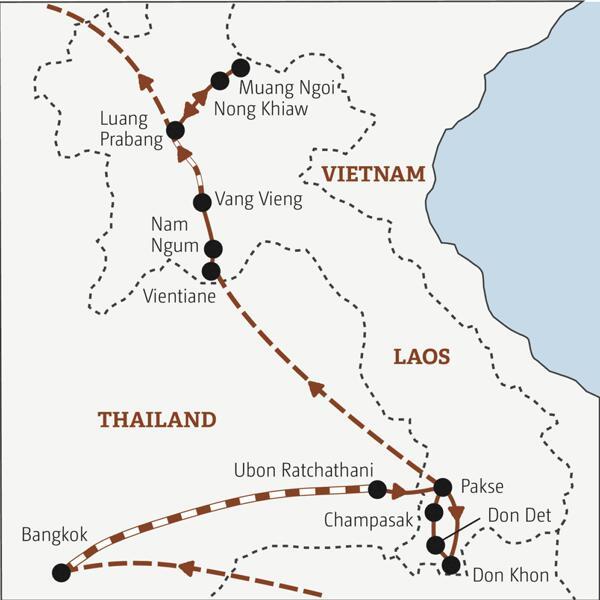Unsere YOUNG LINE Rundreise durch Laos startet in Bangkok in Thailand und führt uns über Pakse, Vientiane und Vang Vieng nach Luang Prabang.