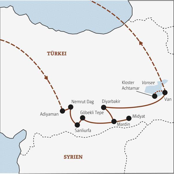 Diese Marco-Polo-Reise durch die Südosttürkei startet in Adiyaman und führt Sie zum Nemrut Dag und weiter über Sanliurfa, Mardin und Diyarbakir zum Vansee.