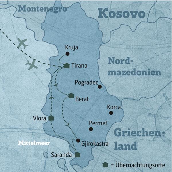 Die Route Ihrer individuellen Rundreise startet in Tirana und führt Sie über Berat, Saranda und Vlora an der Küste zurück nach Tirana.